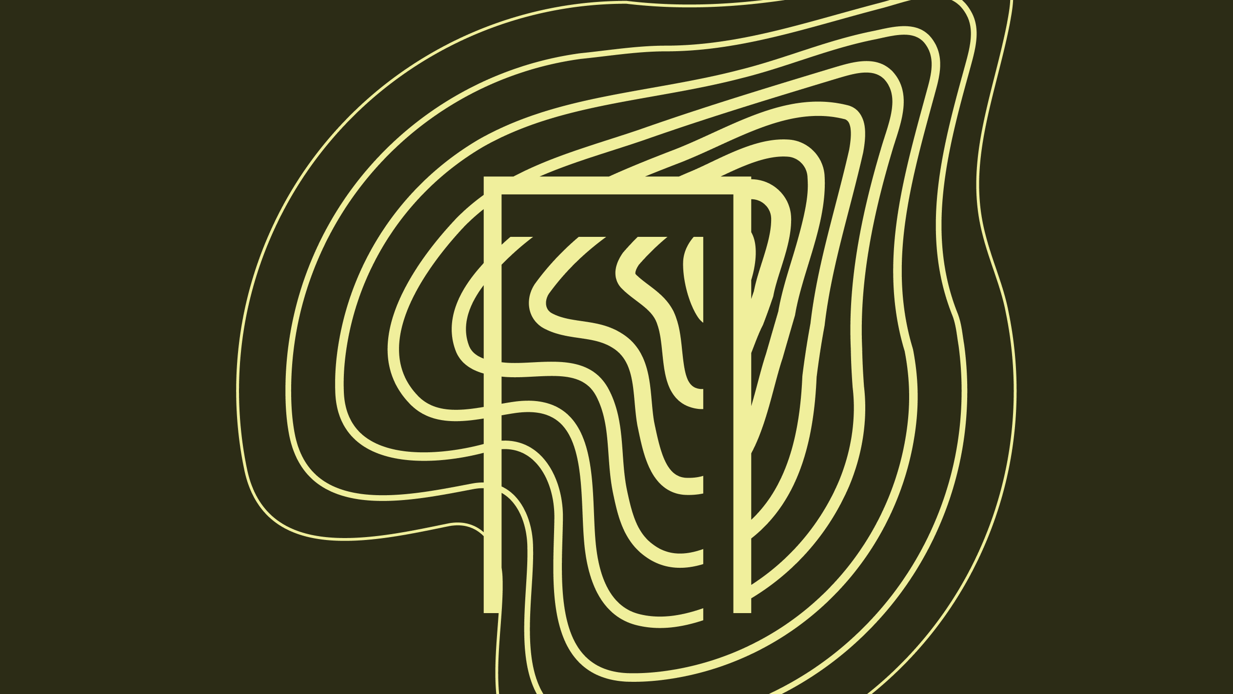 Abstract pale-yellow contour lines flowing through an open square frame on a dark olive background.